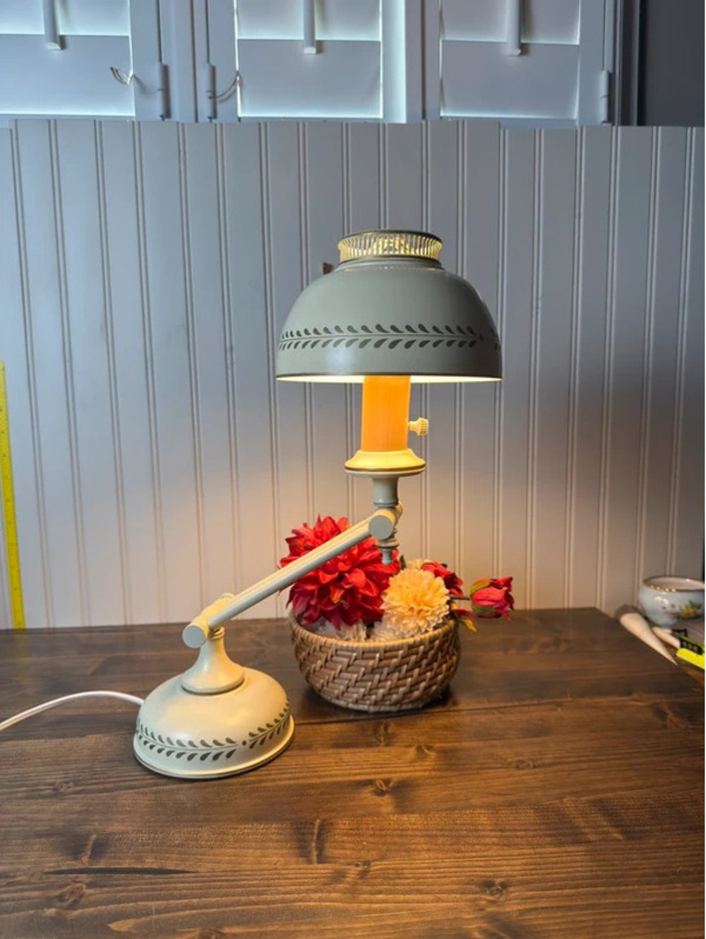 Vintage Toleware Swing Arm Desk Lamp | Adjustable Metal Bedside Lamp